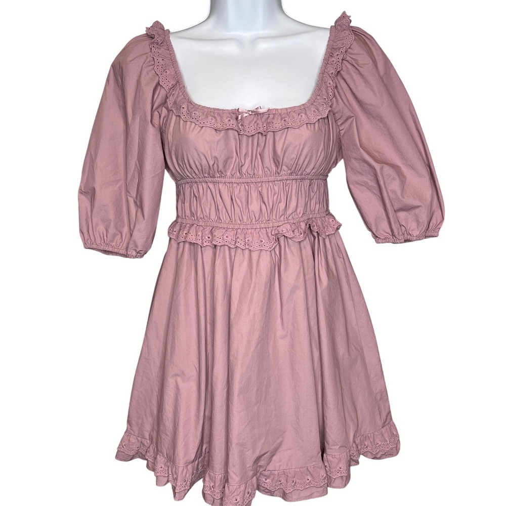 Altar'd State Mauve‎ Eyelet Puff-Sleeve Mini Dress M Smocked Boho Coquette Fairy